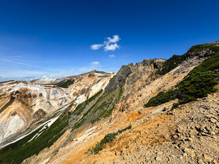 View of Tokachi-dake and Kamihorokamettoku Mountain from Mount Kamifurano in the Daisetsuzan Range, Hokkaido, Japan. Rugged volcanic slopes and colorful rocks under a clear summer sky.