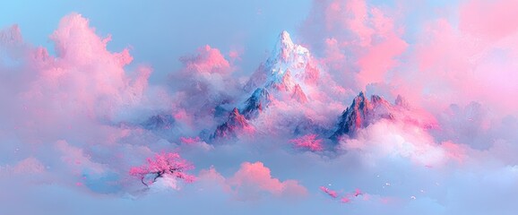 Majestic mountains rise amidst a cotton candy sky, shrouded in fluffy pink clouds