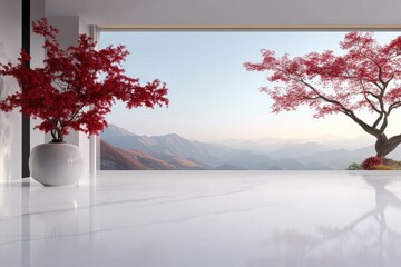 Serene view from a bright room with red foliage, mountains, and clear sky. A calm ambiance