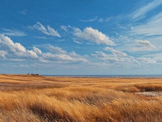 and keyword list based on the image

 Clouds Float over Golden Grass Field, Distant Sea on Horizon at Daytime