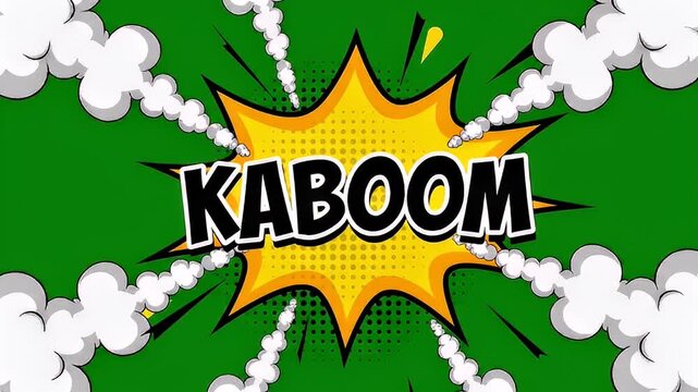 Cartoon explosion graphic with text kaboom over green screen animation