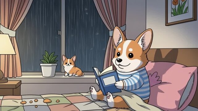 Cozy Corgi Reading on Rainy Day: Animated Scene of Relaxation and Comfort