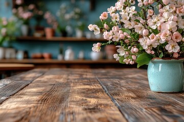 Wooden table with pink flowers