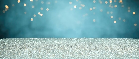 Shimmering silver surface against blue backdrop adorned with a cascade of blurred golden lights