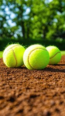 Three bright yellow tennis balls rest on dark red clay under a blurry background of lush green foliage