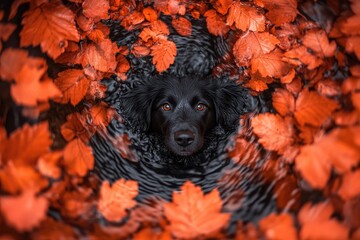 A black dog surrounded by bright autumn leaves and water, creating a vibrant and contrast-rich scene