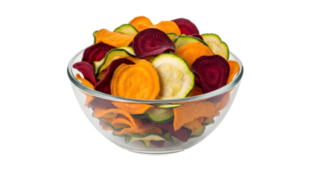 Glass bowl filled with colorful vegetable chips on transparent background