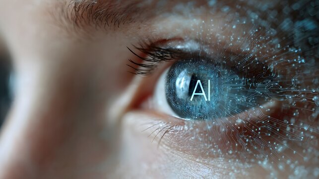 Futuristic human eye with a glowing blue AI digital circuit board overlay on the iris.