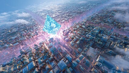 Floating crystal cube emitting energy beams over a city