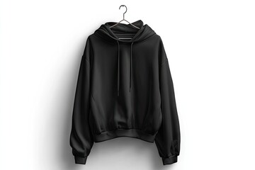 Black hoodie hanging on a hanger.