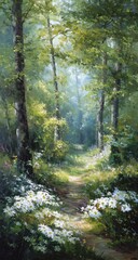 Serene forest path bathed in sunlight, wildflowers bloom along the way