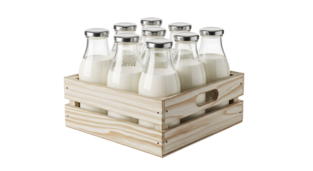 Milk bottles in wooden crate on transparent background