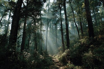 Fototapeta premium Light rays streaming through the trees in a scenic dense forest