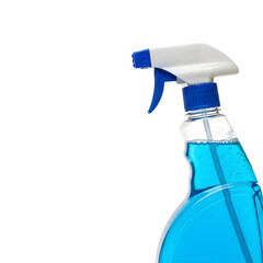 Spray bottle with blue liquid on transparent background