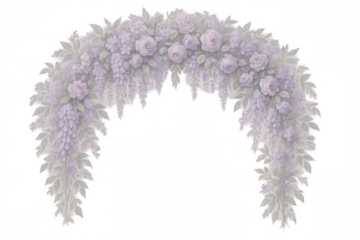 Delicate wedding arch framing blooming roses, wisteria cascading softly, revealing romantic floral design against clean backdrop