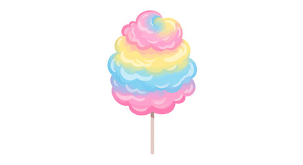 A colorful cotton candy treat, featuring layers of pink, blue, yellow, and pastel hues, perched atop a simple wooden stick.