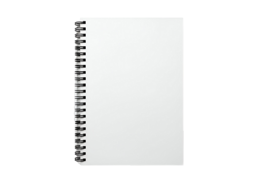 A blank spiral-bound notebook displays a clean, uncluttered page against a stark black background.