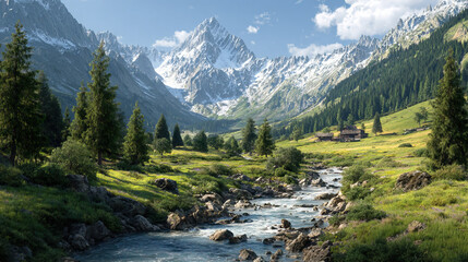 Obraz premium Tranquil Alpine Valley with Snow-Covered Peaks and Zig-Zag Path on Transparent Background