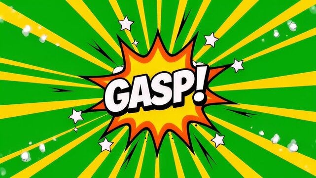 Comic book gasp animation on bursting sun rays with clouds effect