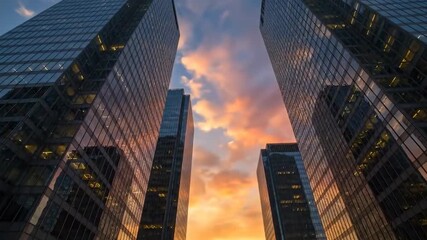 Time lapse of business financial downtown panorama of financial institutions skyscrapers and buildings