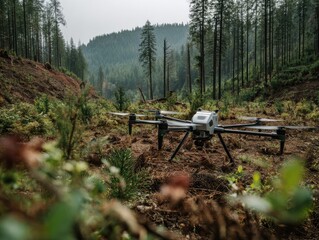 Drone in forest clearing, surveying trees, surrounded by nature