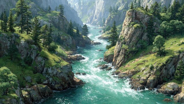 River Flowing Between Mountainous Rocky Terrain, Scenery