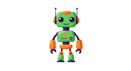 Obraz premium A cute, green cartoon robot stands facing forward with orange accents, against a plain white background.