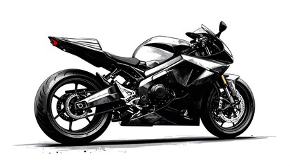 A sleek, black motorcycle, rendered in a graphic style, is showcased against a clean white background.
