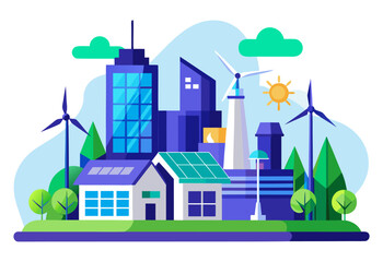 A modern city landscape featuring skyscrapers, houses, wind turbines, and solar panels. Symbolizes sustainable urban development and renewable energy.