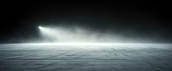 Eerie scene a dark, hazy space with a single light illuminating a concrete floor