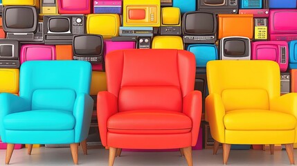 Obraz premium Colorful armchairs in front of a wall of vintage TVs, vibrant, retro and lively scene