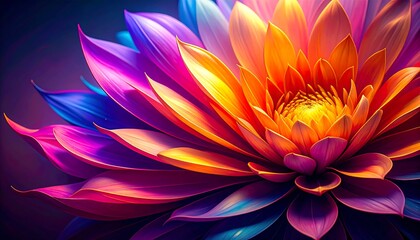 Vibrant, colorful flower petals radiate outward in a dramatic close-up image, showcasing a kaleidoscope of vibrant hues.