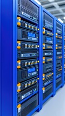 Data center rows Blue server racks display information in a blurred, industrial setting