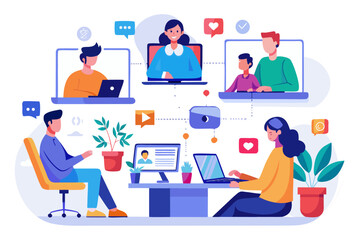 An illustration of online communication and social networking. People connect remotely via laptops and phones, sharing messages and photos, symbolizing social connections.