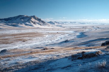 Snow-Dusted Landscape, Hills, Mountain Range in Cold, Open, Northern Plains.