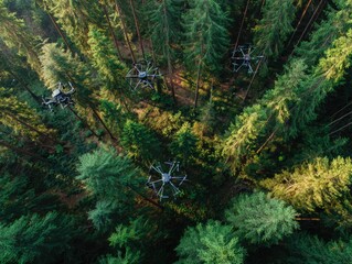 Aerial view of four drones flying over a dense green forest, illuminated by sunlight