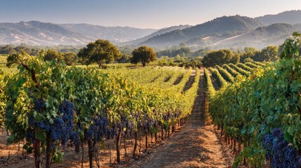 Fototapeta premium Scenic vineyard with lush rows of grape vines, rolling hills, & trees