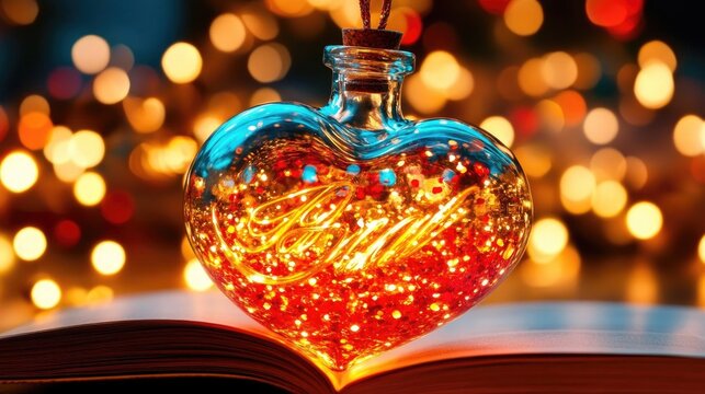 Heart-shaped glass bottle, glowing, warm light