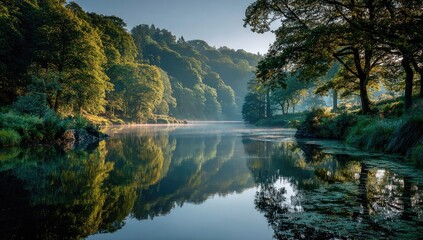 River Reflects Trees in Forested Valley at Dawn.