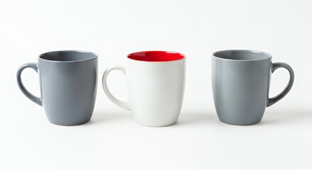 Three Ceramic Coffee Mugs on White Background with Minimalist Design