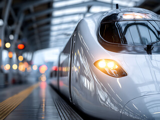 Obraz premium High-speed Train Arriving at Urban Station During Early Morning With Vibrant City Lights