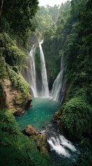 Fototapeta premium Lush jungle waterfall cascading into a turquoise pool with green vegetation