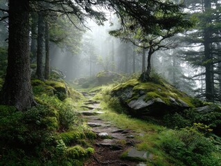 Obraz premium and keyword list based on the image you providedStone path through forest under mist.