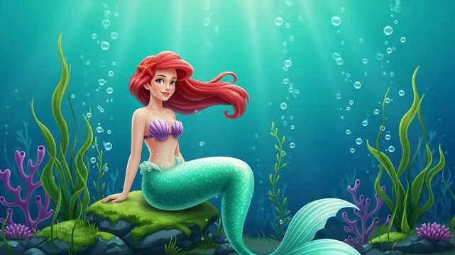 Enchanting Mermaid in Underwater Scene with Bubbles and Seaweed Animation