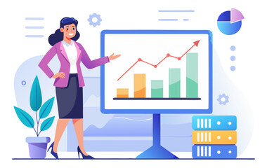 Fototapeta premium An illustration of a business presentation. A woman stands beside a screen displaying an upward-trending bar chart, symbolizing sales growth and corporate success.