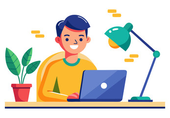 Fototapeta premium A conceptual illustration of a person working happily on a laptop at a desk. The graphic represents productivity, remote work, and a positive, creative workspace.