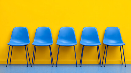 Obraz premium Bright Blue Chairs Aligned Against a Vibrant Yellow Wall in a Modern Interior Setting