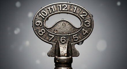 Close-up of an antique metal key with embossed numbers arranged in a circular dial, covered with water droplets, isolated on blurred gradient background. Concept of mystery, access, and vintage design