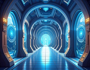 Futuristic hallway with glowing blue arches