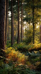 Fototapeta premium Sunlight streams through tall trees in a vibrant, lush forest with green undergrowth